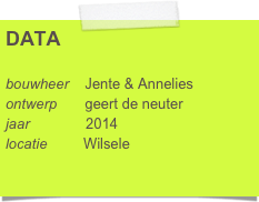 DATA

bouwheer    Jente & Annelies
ontwerp       geert de neuter 
jaar              2014
locatie         Wilsele