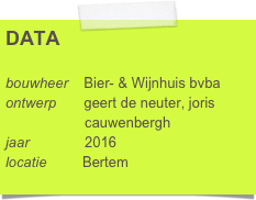 DATA

bouwheer    Bier- & Wijnhuis bvba
ontwerp       geert de neuter, joris      
                    cauwenbergh
jaar              2016
locatie         Bertem