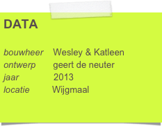 DATA

bouwheer    Wesley & Katleen
ontwerp       geert de neuter
jaar              2013
locatie         Wijgmaal