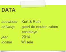 DATA

bouwheer    Kurt & Ruth
ontwerp       geert de neuter, ruben      
                    casteleyn
jaar              2014
locatie         Wilsele