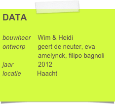 DATA

bouwheer    Wim & Heidi
ontwerp       geert de neuter, eva      
                    amelynck, filipo bagnoli
jaar              2012
locatie         Haacht