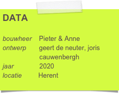 DATA

bouwheer    Pieter & Anne
ontwerp       geert de neuter, joris      
                    cauwenbergh
jaar              2020
locatie         Herent