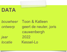 DATA

bouwheer    Toon & Katleen
ontwerp       geert de neuter, joris      
                    cauwenbergh
jaar              2022
locatie         Kessel-Lo