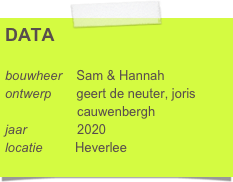 DATA

bouwheer    Sam & Hannah
ontwerp       geert de neuter, joris      
                    cauwenbergh
jaar              2020
locatie         Heverlee