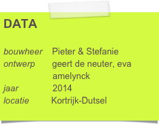 DATA

bouwheer    Pieter & Stefanie
ontwerp       geert de neuter, eva      
                    amelynck
jaar              2014
locatie         Kortrijk-Dutsel