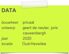 DATA

bouwheer    privaat
ontwerp       geert de neuter, joris      
                    cauwenbergh
jaar              2020
locatie         Oud-Heverlee