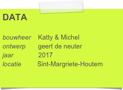 DATA

bouwheer    Katty & Michel
ontwerp       geert de neuter     
jaar              2017
locatie         Sint-Margriete-Houtem