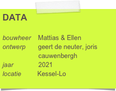 DATA

bouwheer    Mattias & Ellen
ontwerp       geert de neuter, joris      
                    cauwenbergh
jaar              2021
locatie         Kessel-Lo