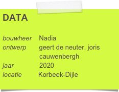 DATA

bouwheer    Nadia
ontwerp       geert de neuter, joris      
                    cauwenbergh
jaar              2020
locatie         Korbeek-Dijle