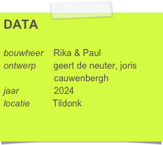 DATA

bouwheer    Rika & Paul
ontwerp       geert de neuter, joris     
                    cauwenbergh
jaar              2024
locatie         Tildonk 