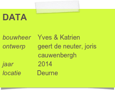 DATA

bouwheer    Yves & Katrien
ontwerp       geert de neuter, joris      
                    cauwenbergh
jaar              2014
locatie         Deurne