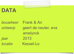 DATA

bouwheer    Frank & An
ontwerp       geert de neuter, eva      
                    amelynck
jaar              2013
locatie         Kessel-Lo