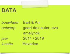 DATA

bouwheer    Bart & An
ontwerp       geert de neuter, eva      
                    amelynck
jaar              2014 / 2019
locatie         Heverlee
