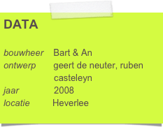 DATA

bouwheer    Bart & An
ontwerp       geert de neuter, ruben      
                    casteleyn
jaar              2008
locatie         Heverlee