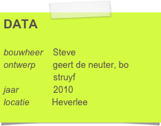 DATA

bouwheer    Steve
ontwerp       geert de neuter, bo      
                    struyf
jaar              2010
locatie         Heverlee
