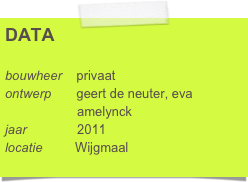 DATA

bouwheer    privaat
ontwerp       geert de neuter, eva      
                    amelynck
jaar              2011
locatie         Wijgmaal