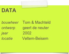 DATA

bouwheer    Tom & Machteld
ontwerp       geert de neuter     
jaar              2002
locatie         Veltem-Beisem