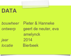 DATA

bouwheer    Pieter & Hanneke
ontwerp       geert de neuter, eva      
                    amelynck
jaar              2014
locatie         Bierbeek